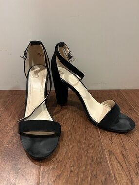 BAMBOO Black Suede Ankle-Strap Block Heels